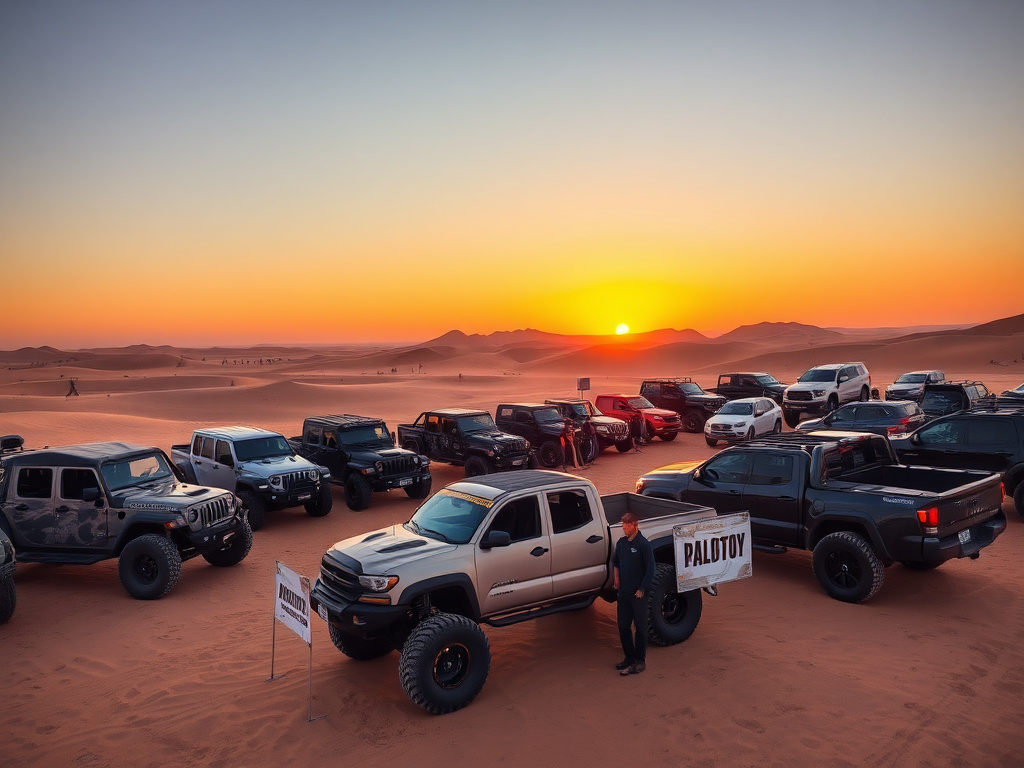 Off-road trucks at a desert community meetup